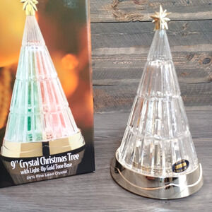 Holiday Elegance 9" 24% Fine Lead Crystal Christmas Tree Light Up Gold Tone Base
